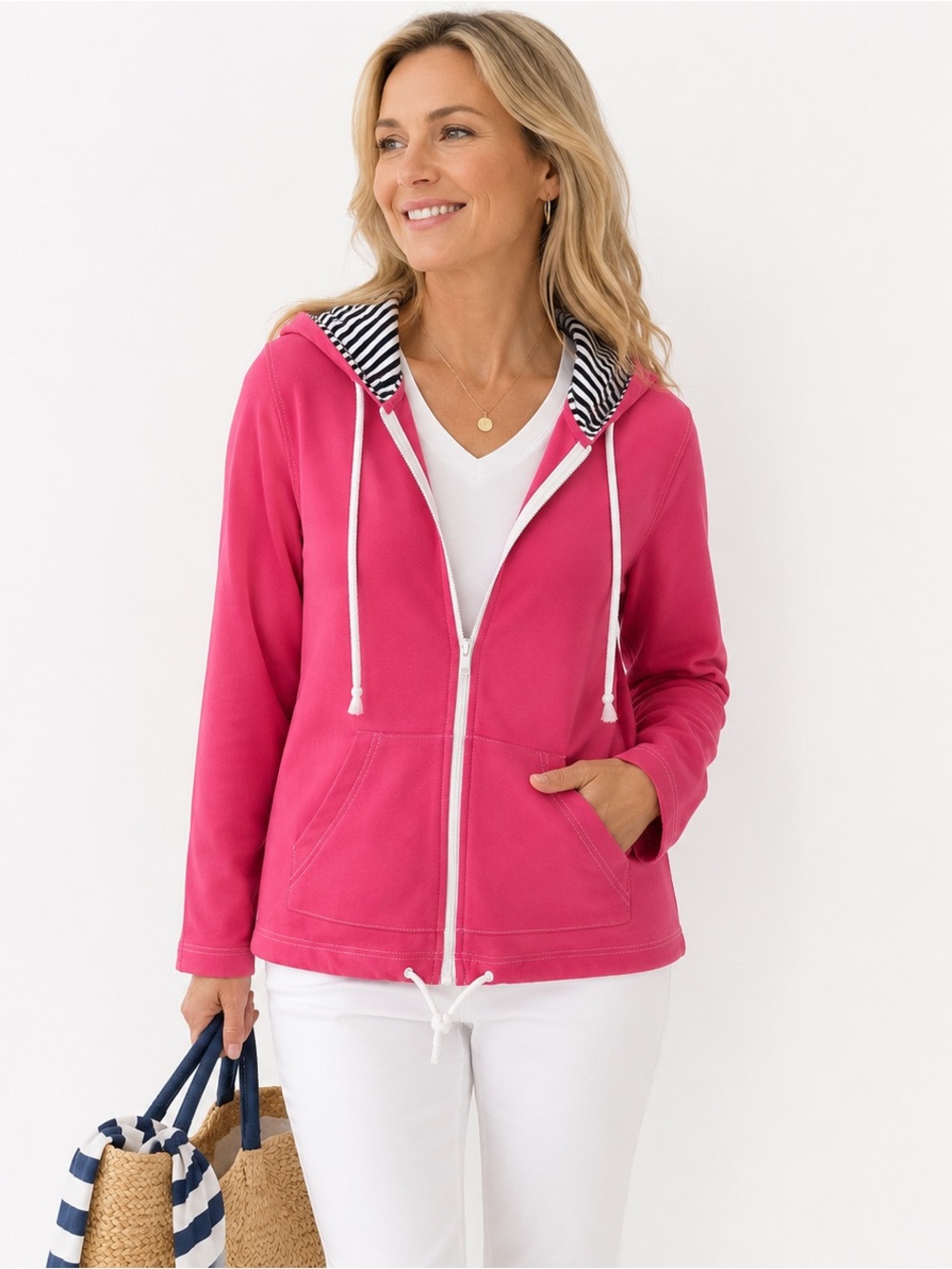 Sag Harbor Sport Petite Pink Full Zip Hoodie Coastal Preppy Nautical